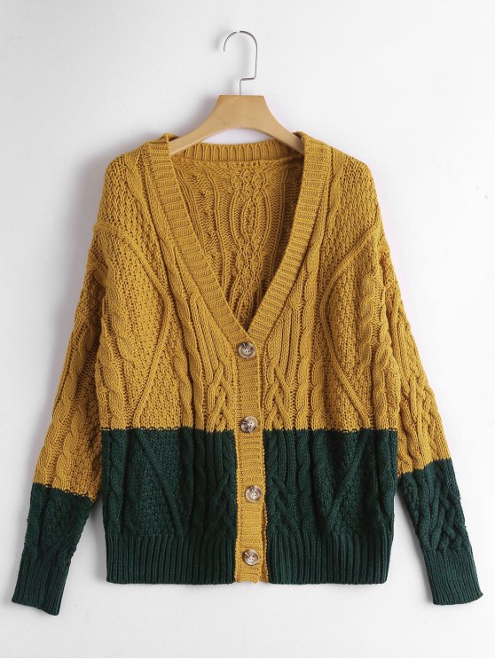 2019 Button Up Contrast Cable Knit Cardigan In GINGER ONE SIZE | ZAFUL