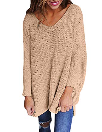 Exlura Women's Oversized Knitted Sweater Long Sleeve V-Neck Loose