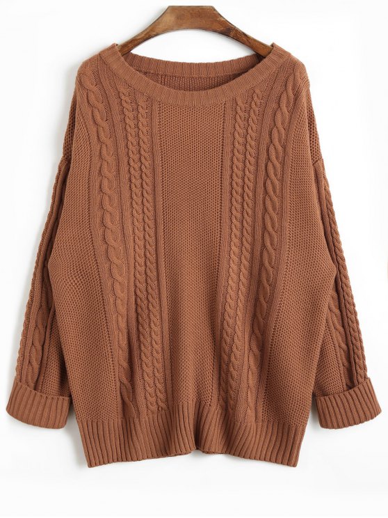 2019 Drop Shoulder Plain Cable Knit Sweater In COFFEE ONE SIZE | ZAFUL