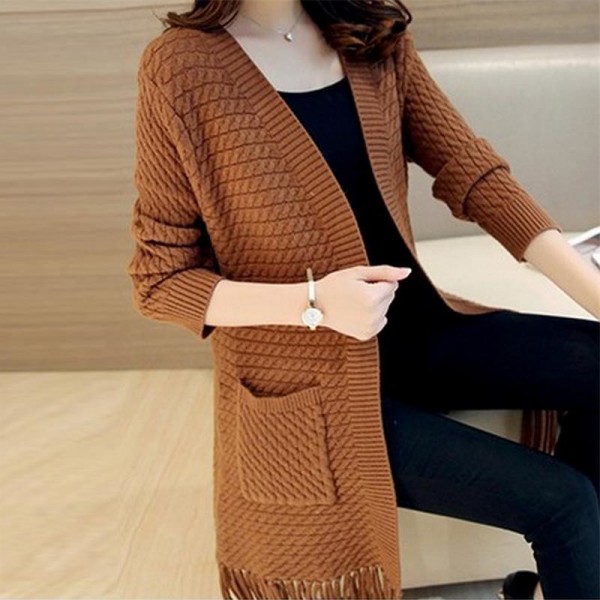 Buy Autumn Winter Tassel Knitted Cardigan Sweater Coat One Size Long