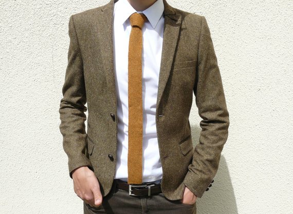 Skinny Knitted Tie in Golden Mustard Brown Lambswool MADE TO | Etsy