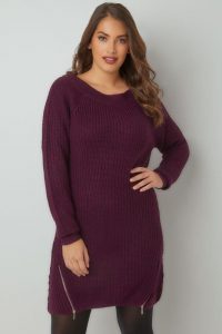 Purple Chunky Knit Tunic Dress With Zip Hem, Plus size 16 to 36