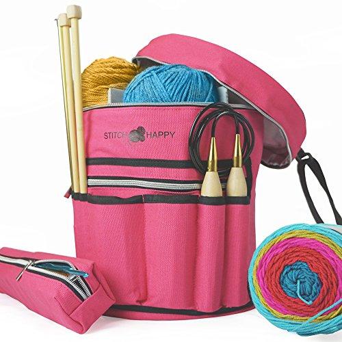 Knitting Bag - Yarn Tote Organizer w/Tool Case, 7 Pockets + Divider