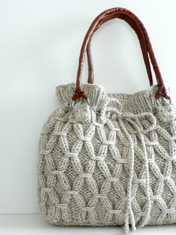 Hand knitted drawstring bag with leather handles | Sew in Love