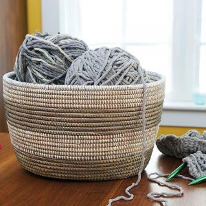 African Fair Trade Handwoven Striped Oval Knitting Basket, Silver