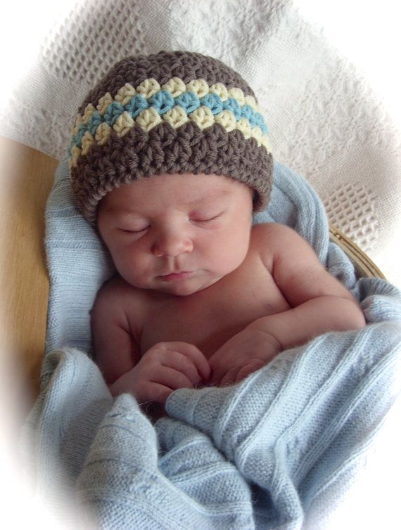 Baby Boy Hat, Baby Beanie, 0 to 3 Months Size, Modern Crocheted