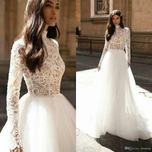 Bohemain Garden Wedding Dress With Long Sleeve Lace High Neck 