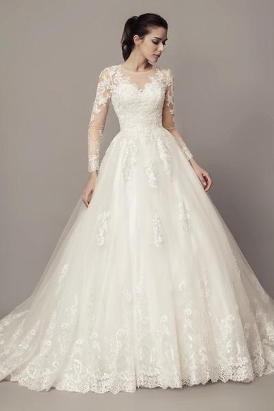 See-through Long Sleeves Ball Gown Wedding Dress Lace Tulle .