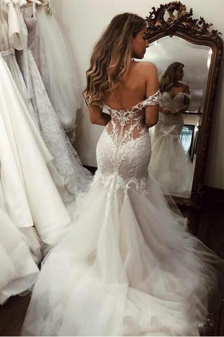 Off the Shoulder Mermaid Wedding Dress with Lace, Long Tulle .